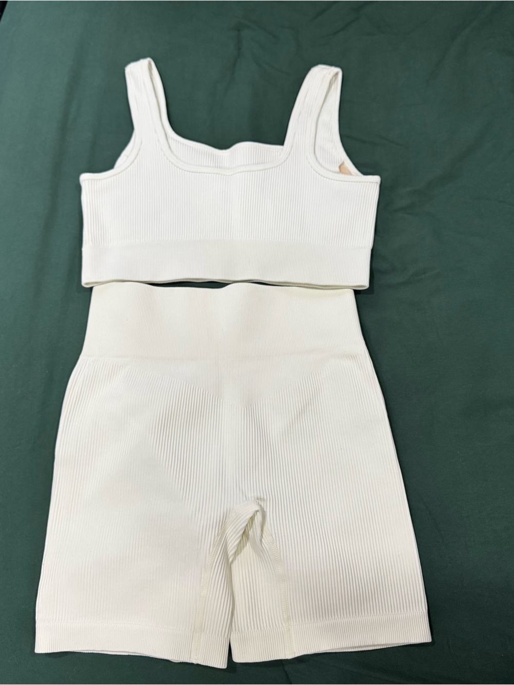 Amazon White Ribbed Sports Bra and High-Waist Biker Shorts Set - Picture 5 of 8